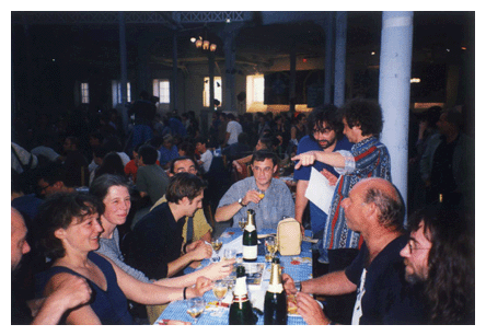 Nantes (fr) Trafics : From left to right: ?, ?, Carina Varain, Olivier Manchion, Olivier Coiffard, Hans Joachim irmler, ?, Zappi, Jean-Hervé Péron 1997 june 11 : photo Olivier Coiffard